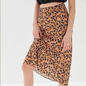 Urban Outfitters Rowan Leopard Midi Satin Slip Skirt